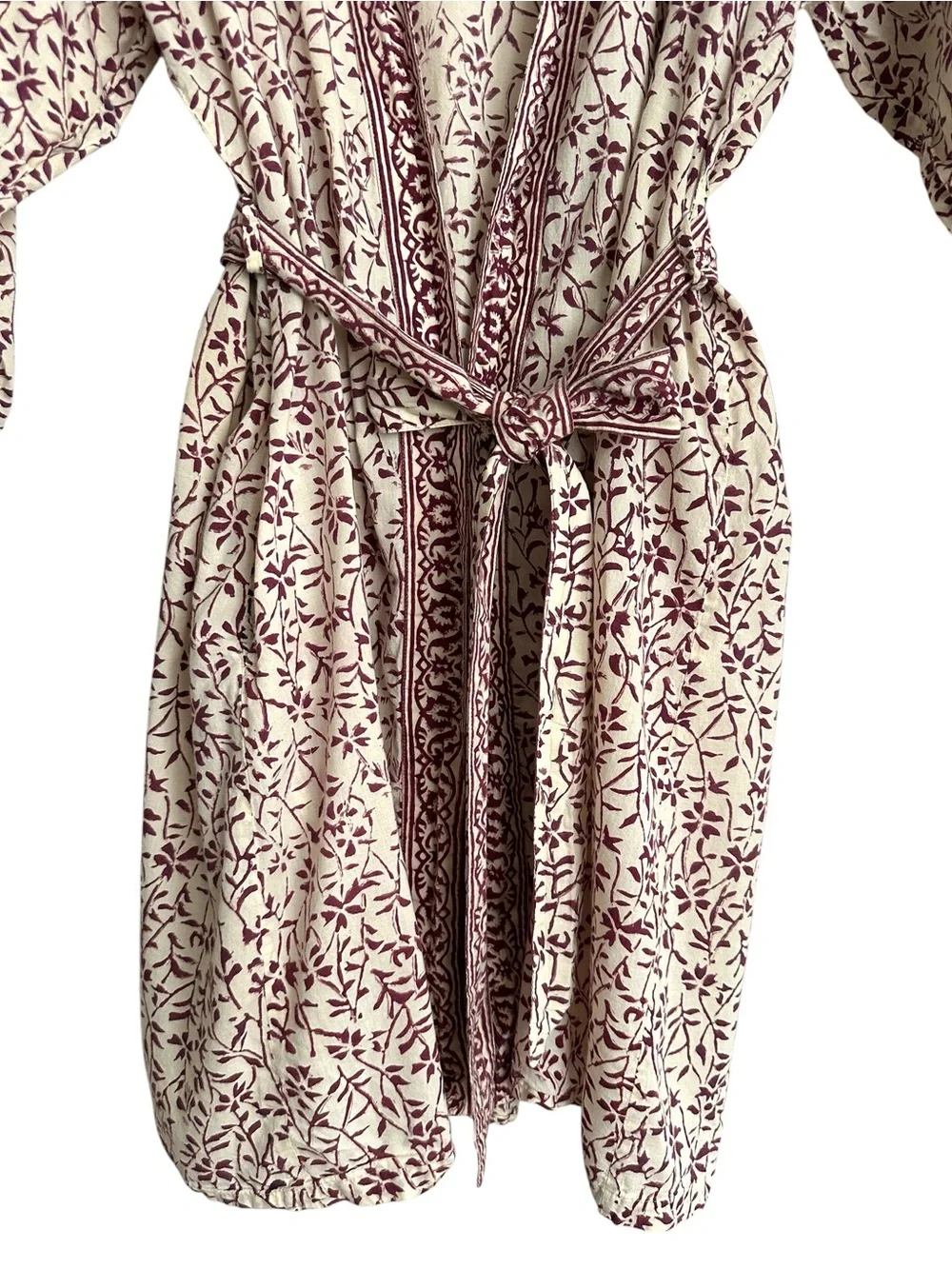 ANOKHI Cotton Block Print Kimono Robe Free Size Boho Burgundy Floral Loungewear